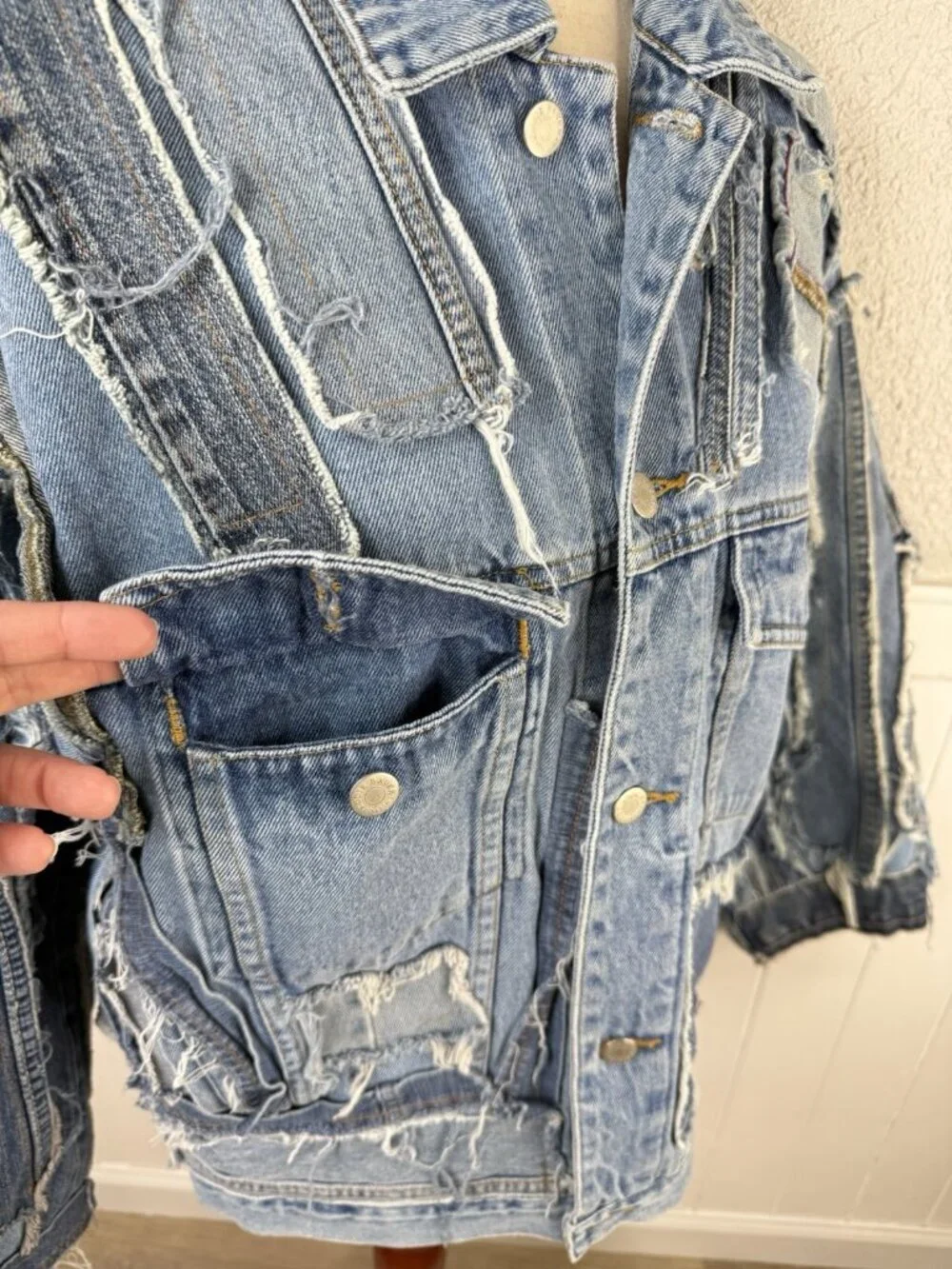 Vtg Reworked Denim Jacket Unique Upcycled Streetwear Jean Blue 90s y2k Sz M/L